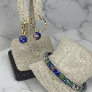 Vintage Blue Cloisonne Bangle Bracelet and Earrings  Set